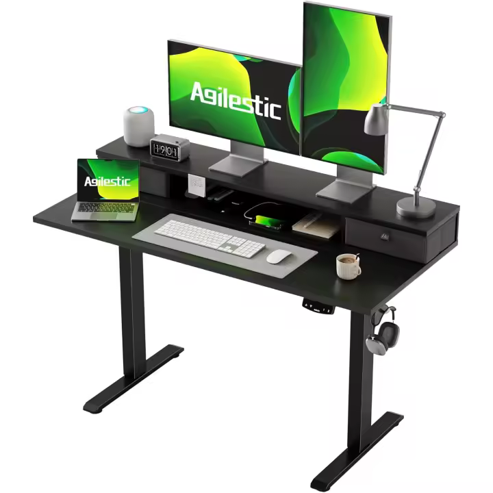 Escritorio Regulable en Altura con 2 cajones, 120 x 60 cm Escritorio Estable Eléctrico Regulable en Altura, Escritorio ergonómico de bipedestación Escritorio para Ordenador, Negro - 1
