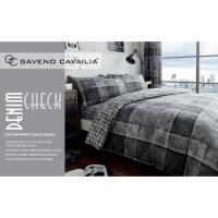 Juego de cama de lujo de tela vaquera a cuadros azul y negro tamaño individual, tamaño doble king