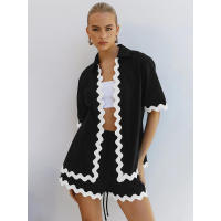 Conjunto de dos piezas de camisa de manga corta con botones y pantalones cortos holgados casuales de moda para mujer, primavera verano. - details 24