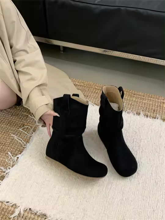 Botas de fondo plano vintage, botas occidentales ajustadas con punta redonda. - 1