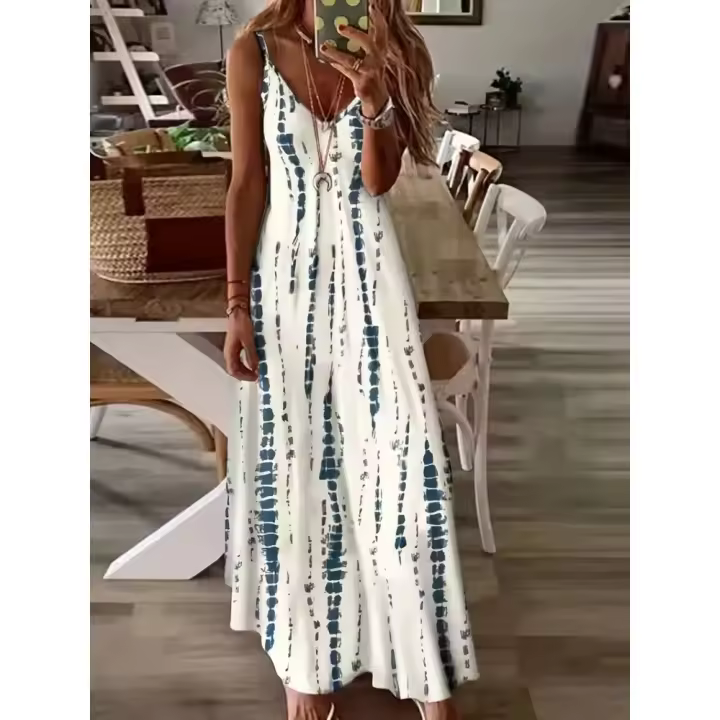 Vestido largo informal de verano con tirantes finos y cuello en V holgado para mujer, ideal para vacaciones en la playa - 1