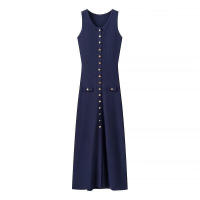 Vestido elegante de punto liso para mujer sin mangas, cuello redondo, botonadura sencilla con bolsillos - details 2