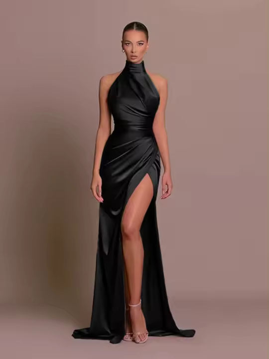 Ropa de mujer elegante, falda larga de cuello alto, sin mangas, boca abierta de moda, elegante - 1