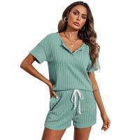 Pijama de punto jacquard para mujer, decoración del hogar, pantalones cortos de manga corta, conjunto de 2 piezas, primavera/verano - details 11