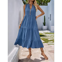 Vestido casual largo de verano, nuevo, de color sólido, con cuello en V y textura. - details 1
