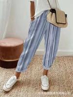 Pantalones a rayas estampados de Color sólido para mujer, pantalones de pierna ancha, bolsillo elástico, corte ajustado, estilo viajero, verano 2024 - details 0