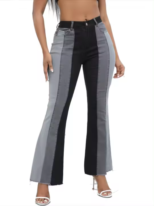 Vaqueros de cintura alta para mujer, contraste de color, elásticos, pantalones de moda coreana - 1