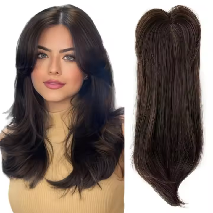 Topper de pelo liso en capas con flequillo, extensiones de cabello sintético con Clip ombré, postizos naturales de 22 pulgadas - 1