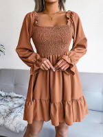 Vestido elegante de manga larga para mujer, falda de cuello cuadrado, de Color sólido vestido de volantes, moda de primavera y otoño - details 8