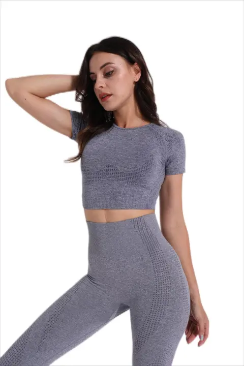 Conjunto deportivo de Yoga sin costuras para mujer, ropa de entrenamiento, Top corto de manga corta, Leggings de cintura alta, 2 piezas - 1