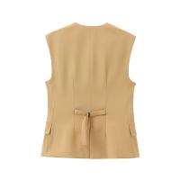 BUNO-Conjunto de 2 piezas con bolsillos para mujer, pantalones con cuello en V, sin mangas, chaleco de una sola botonadura, con cremallera, a la moda, verano, 2025 - details 4