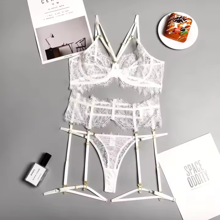 Lencería erótica, ropa interior sexy de encaje hueco, conjuntos exóticos transparentes, conjunto sensual de sujetador y bragas con aros con ligas - 1