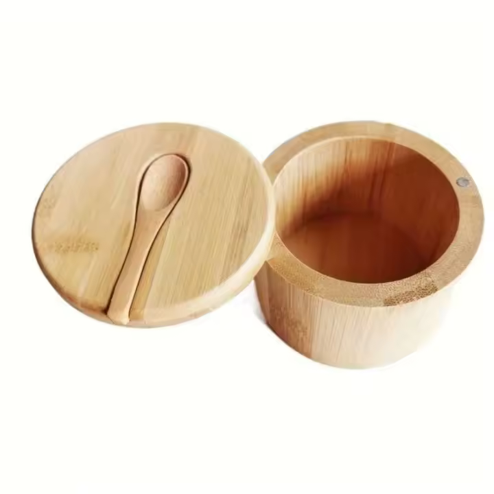Tarro de especias de madera con tapa, botella de sal, cuchara, tarro de condimento de bambú, accesorios de cocina - 1