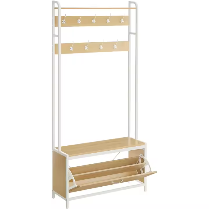 Perchero Recibidor, con Banco Zapatero, 9 Ganchos, Estante Superior, Pasillo Dormitorio Salón, Estilo Industrial, Marrón Rústico y Negro HSR405B01 - 1
