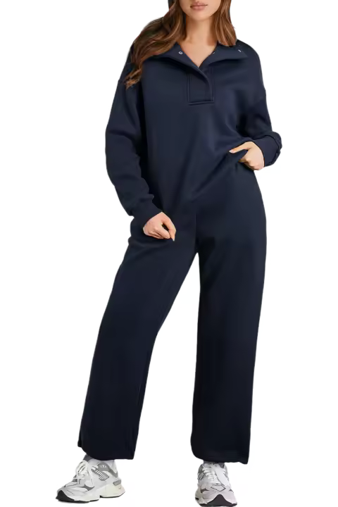 Elrachen Conjunto de sudadera con cuello de color liso y pantalones de cintura alta para mujer, azul marino, tallas S-2XL - 1
