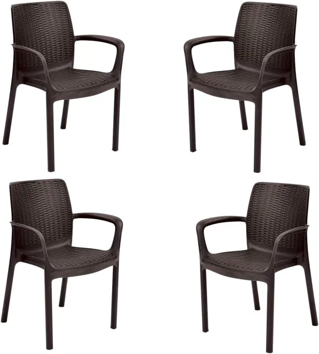 Pack x4 Silla jardín para Interior y Exterior con reposabrazos Ideal para Jardines y terrazas, apilable, Resina con Acabado de ratán Plano, Color Marrón - 1