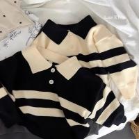 2025 nuevo estilo coreano primavera otoño suéter para niños niñas dos piezas botón rayas solapa Top de punto Casual ajuste elegante - details 1