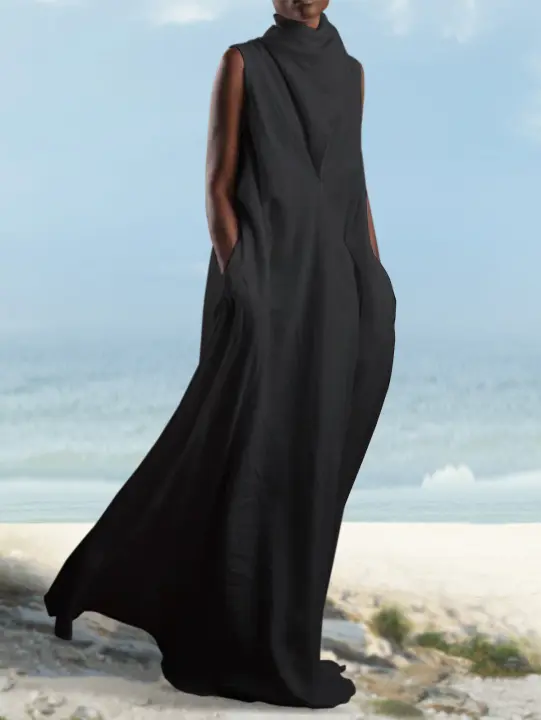 Elegante Vestido de Lino con Cuello en V Profundo Vestido Largo Casual con Estilo Callejero para Mujeres - 1