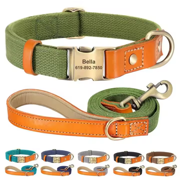 Conjunto correa perro personalizado, Collar identificación mascota cuero nailon, collares hebilla antipérdida con cuerda de - 1