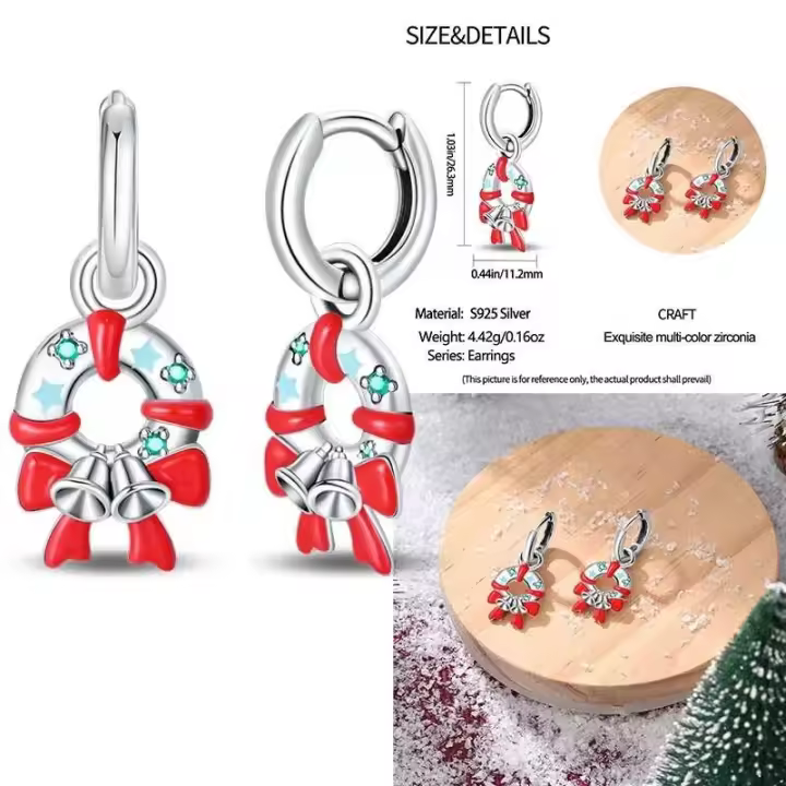 Pendientes de plata con borlas de copos de nieve azules y diamantes, lazo rojo para mujer, joyería creativa, regalos temáticos navideños - 1