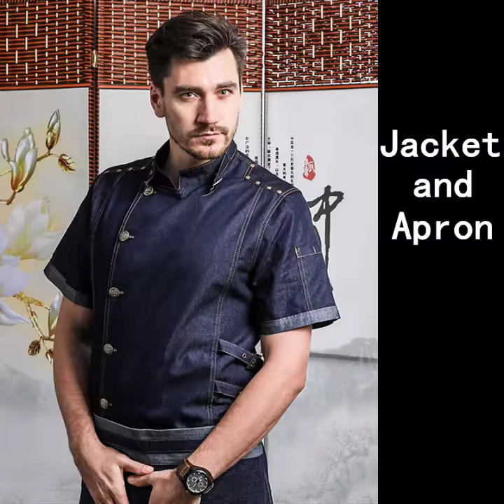 Uniforme de chef de algodón de mezclilla de alta calidad para hombre, ropa de trabajo de panadería de restaurante de cocina, chaqueta con delantal, abrigo de cocinero de servicio de alimentos - 1