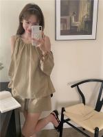 Blusa de verano a cuadros extragrande 2024 para niñas, traje de mujer, camisa de manga larga, pantalones de pierna ancha de cintura alta, trajes de dos piezas con pantalones cortos - details 17