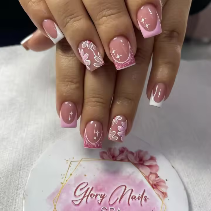 24 Piezas De Uñas Postizas Cortas Cuadradas Estilo Francés Con Flores + 1 Pegamento + 1 Lija Para Uñas - 1