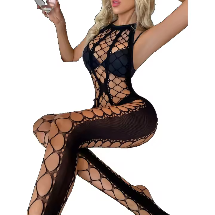 Body de malla Sexy para mujer, lencería erótica de talla grande, picardías, mono, vestido de pijama, medias de red de malla caliente - 1