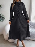 Vestido plisado elegante con cuello levantado y manga larga y cintura cerrada para mujer, vestido largo de Otoño Invierno - details 4