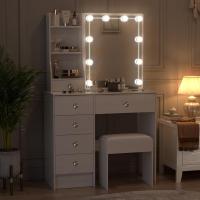Tocador De Maquillaje con Espejo y 10 Bombillas Led Luz Regulable, Tocador Blanco con Brillo Ajustable, Tocador De Dormitorio con Taburete 6 Cajones, 3 Estantes y 3 Estantes Ocultos - details 3
