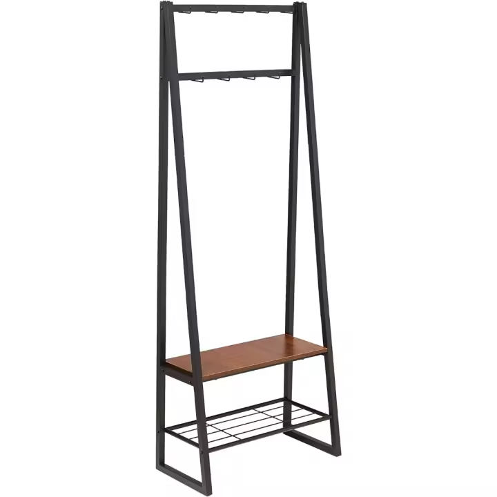 65 x 33 x 170,1 cm Perchero de 9 ganchos con zapatero y almacenamiento de 2 niveles, Negro - 1