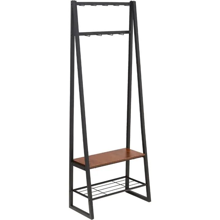 65 x 33 x 170,1 cm Perchero de 9 ganchos con zapatero y almacenamiento de 2 niveles, Negro - 1