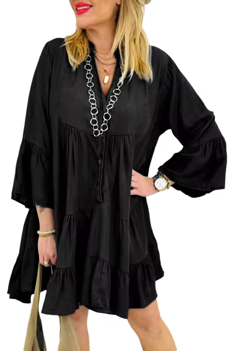Elrachen Mini vestido de mujer Chambray con volantes y manga 3/4 con cuello en V dividido, negro, tallas S-2XL - 1