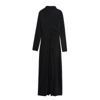 Vestido de cuello redondo para mujer, minivestido plisado de manga larga con espalda, color sólido, nable, para otoño - details 3