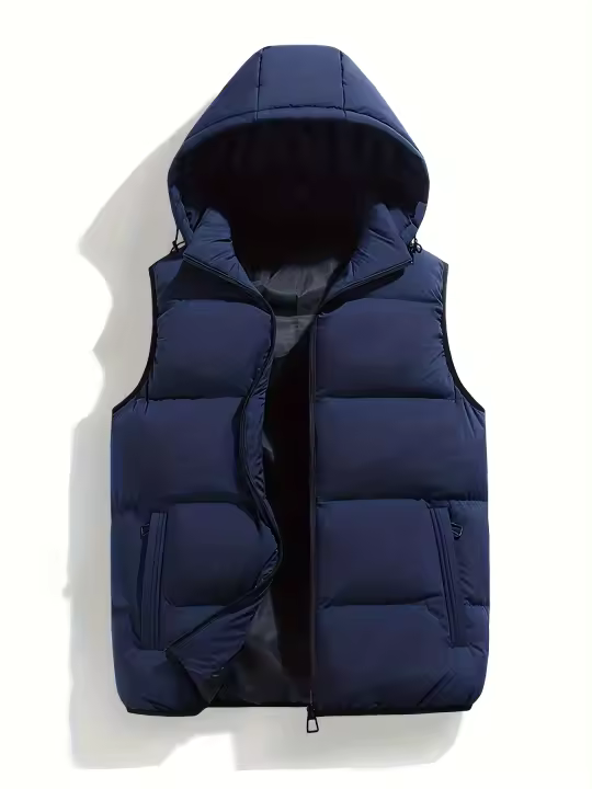 Chaleco con capucha y cremallera para hombre, chaleco con cuello levantado, informal, cálido, para otoño e invierno, pesca al aire libre y senderismo - 1