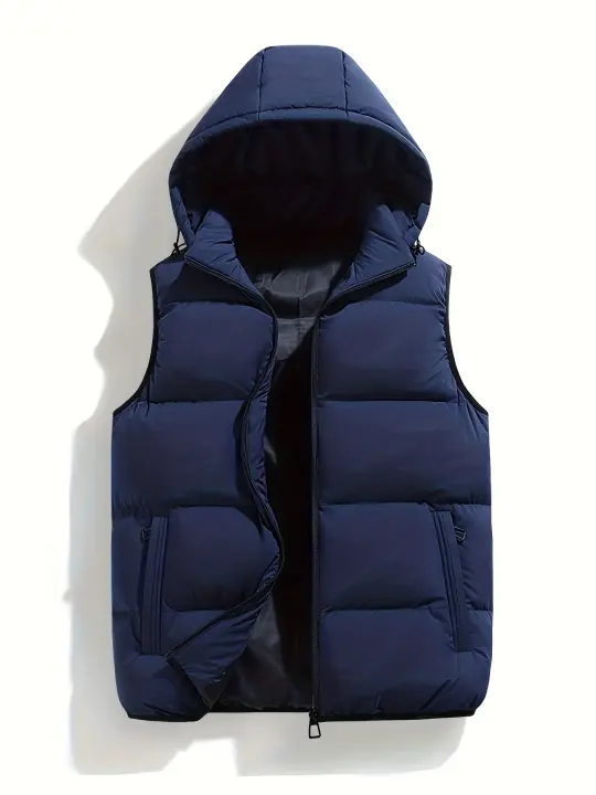 Chaleco con capucha y cremallera para hombre, chaleco con cuello levantado, informal, cálido, para otoño e invierno, pesca al aire libre y senderismo - 1