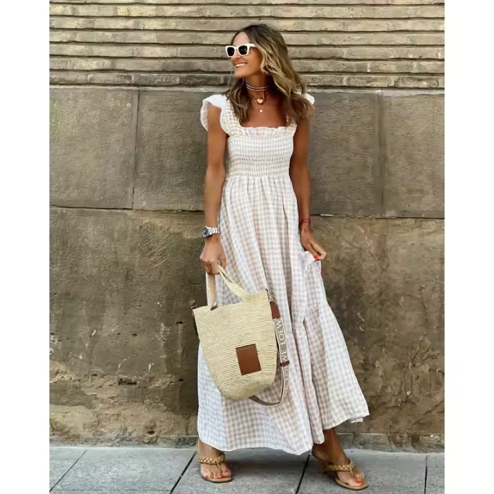 Vestido Largo elegant with Cuadros para Mujer, Vestido Largo sin neumáticos with volantes y espalda Descubierta, plisado, Belt elastica, Bohemian, para Fiesta, Holgado - 1