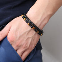 Pulsera de Ojo de Tigre Natural y Piedra Volcánica Tejida en Cuero PU con Cuentas - details 1