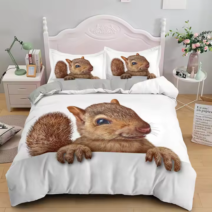 3 piezas de funda de edredón con diseño de ardilla, funda de edredón con diseño de animales del bosque, juego de cama retro con flores de acuarela para niñas, niños y mujeres, vida silvestre - 1