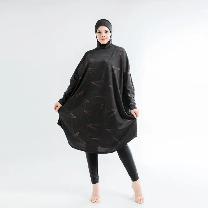 Burkini musulmán para mujer, traje de baño modesto de manga larga, talla grande, hiyab con camisa de murciélago - 1