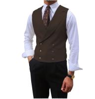 Chaleco de hombre marrón sólido con solapa de doble botonadura sin mangas, chaqueta para boda, banquete, negocios, chaleco casual delgado. - details 6