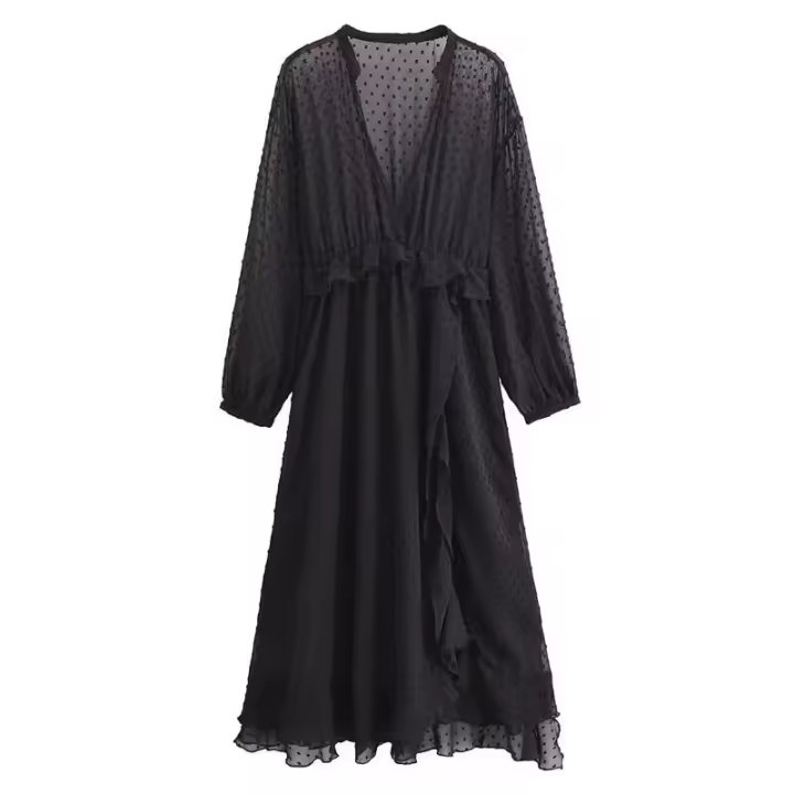 Primavera 2025, Vestido de Mujer con Volantes de Puntos de Malla, Cuello en V y Cintura Elástica, Corte en A, Vestidos Largos Negros - 1