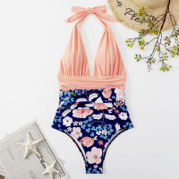 Bikini de una pieza para mujer, Bañador con estampado de flores, cuello en V profundo, ropa de playa sin espalda - details 5
