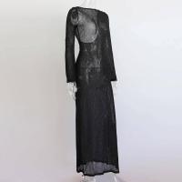 Vestido transparente con espalda abierta para mujer, ropa de verano ajustada de cintura alta, empalmado, mangas largas, Color sólido, playa - details 1