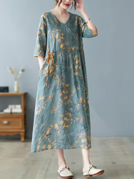 Vestidos de algodón de manga corta vintage floral nuevo en vestidos para mujer casual suelto largo vestido de verano ropa elegante 2025 - 1