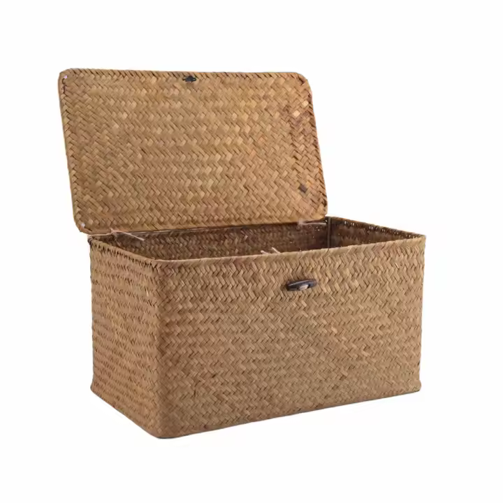Cesta de almacenamiento tejida de paja hecha a mano con tapa, organizador de maquillaje, caja de almacenamiento, cestas de lavandería de algas marinas, joyero de ratán (M) - 1