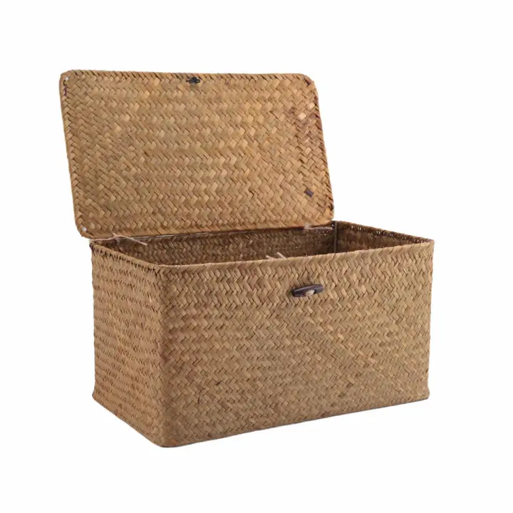 Cesta de almacenamiento tejida de paja hecha a mano con tapa, organizador de maquillaje, caja de almacenamiento, cestas de lavandería de algas marinas, joyero de ratán (M) - 1