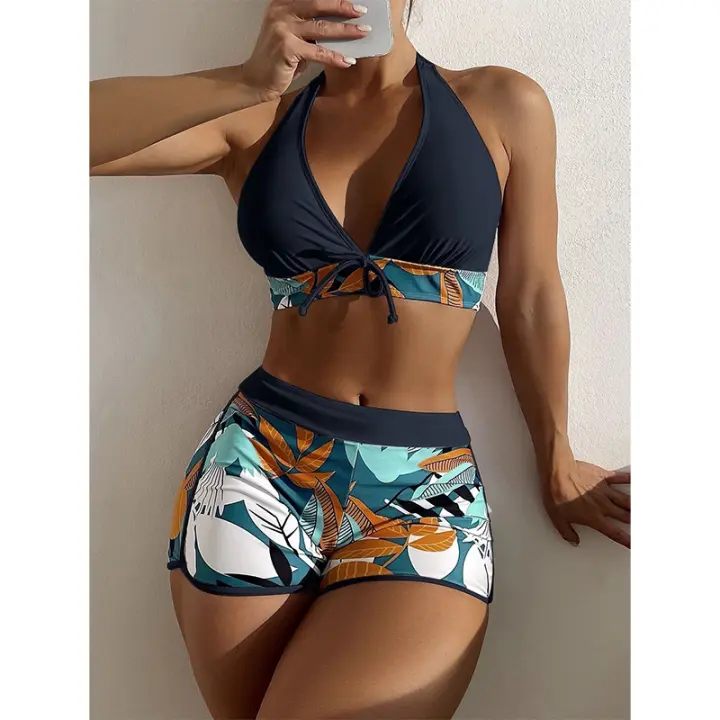 Conjunto de bikini con cuello en V para mujer, bañador Sexy con estampado Floral, traje de baño con cordones, traje de baño de 2 piezas de cintura alta - 1