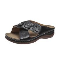 Women Floral Decor Cross Strap Slides Shoes Open Toe Low Wedge Sandals Hollow Out Solid Color Slippers - details 7
