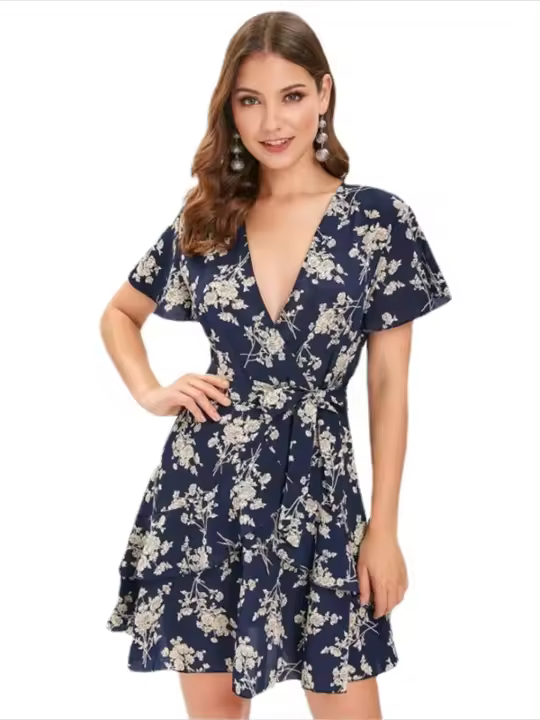 Elegante Vestido Mini de Playa con Mangas Largas Moda Femenina con Encanto Floral - 1